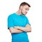 Weird young man in blue t-shirt