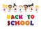 Welcome Back to school concept with childrens, chalkboard and Co