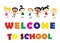 Welcome Back to school concept with childrens, chalkboard and Co