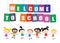 Welcome Back to school concept with childrens, chalkboard and Co