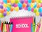 Welcome back to school illustration with a lot of flying colorful balloons and study stationery supplies