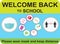 Welcome back to school, keep your distance, yellow round Vector illustration sign for post covid-19 Coronavirus pandemic, covid19