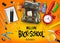 Welcome Back to School In Orange Background Banner with  Black Backpack and School Supplies