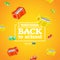 Welcome back to school poster or banner with flying and blurred objects - sharpeners and push pins. Vector illustration with