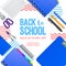 Welcome back to school sale offer discount banner with pencil notebook, clipboard on the top view