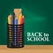 Welcome back to school with stationary pen, ruler, color with pencil case on the table
