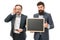 Welcome on board. bearded men hold advertisement blackboard. partners celebrate start up business isolated on white