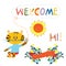 Welcome card element for the baby - cute animal, flowers and s