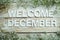 Welcome December alphabet letters on wooden background