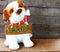 Welcome dog on wooden background still life