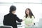 Welcome handshake of two business women at the Desk.photo with copy space