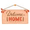 Welcome home sign, door plaque with autumn decor, leaves and berries, vector lettering