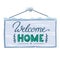 Welcome home sign, door plaque with winter decoration, snow and frost, vector lettering and illustration