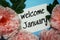 Welcome January typography text with peony flowers on blue background