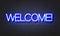 Welcome neon sign on brick wall background.