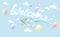 Welcome Nursery wall art. Baby shower boy. Airplane wit ribbon, balloons fly in sky. White clouds blue background