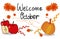 Welcome october-hand drawn lettering with pumpkin, apple and flower illustration. seasonal background. doodle art for wallpaper, g