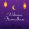 Welcome ramadhan template crescent moon hanging lantern spread star in the night modern flat cartoon style