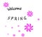 Welcome spring greeting card. White background with violet swirl shapes. Happy, positive, cheerful mood.