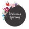 ``Welcome spring`` text chalkboard style wreath with abstract spring flowers