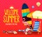 Welcome Summer Fun Under the Sun Poster with Umbrella, Surfboard