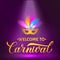 Welcome to Carnival gold lettering with mask and feather on bright purple background. Easy to edit template for Masquerade party