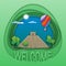 Welcome to Chichen Itza travel concept emblem. Mayan pyramid, trees and hot air balloon