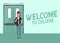 Welcome to college banner vector illustration. New female cartoon student standing near entrance to educational building