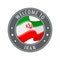 Welcome to Iran. Gray stamp with a waving country flag.