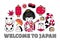 Welcome to Japan banner. Kawaii geisha with shamisen, koi carps, maneki-neko. Concept for t-shirt, print, poster, wall