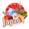 Welcome to Japan tourist banner. Japanese cultural symbols. Maneki neko, hand fan, bonsai, lantern.