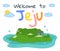 Welcome to Jeju island in South Korea, poster or banner, traditional landmarks, symbols, traveling