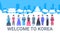 Welcome To Korea People In Traditional Costumes Over Palace Famous Korean Landmarks Silhouette Tourism Poster