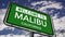 Welcome to Malibu, California. USA City Road Sign Close Up, Realistic Animation