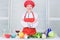 Welcome to my culinary show. Woman pretty chef wear hat and apron. Uniform for professional chef. Lady adorable chef