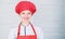 Welcome to my culinary show. Woman pretty chef wear hat and apron. Uniform for professional chef. Lady adorable chef