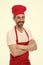 Welcome to my kitchen. Man in apron. Confident mature handsome man white background. Cooking as professional occupation
