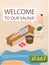 Welcome to our sauna advertising poster. Man with birch broom and girl lie on wooden bench in sauna