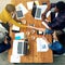 Welcome to our table. High angle shot of a team of creatives shaking hands with each other across a table.