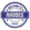 WELCOME TO RHODES - GREECE, words written on dark blue stamp