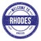 WELCOME TO RHODES - GREECE, words written on dark blue stamp