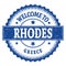 WELCOME TO RHODES - GREECE, words written on light bue stamp