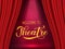 Welcome to theatre calligraphy hand lettering. Realistic stage with red drapery curtain and spotlight. Easy to edit vector