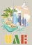 Welcome to UAE. Vector travel poster of United Arab Emirates. UAE flyer with modern buildings and mosque in light style.