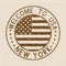 Welcome to USA postmark. New York brown stamp on beige background