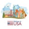 Welcome to USA. United States of America poster with statue of liberty and US flag. Vector illustration about travel