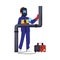 Welder in protective industrial uniform welding, vector illustration isolated.