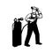 Welder Standing Visor Up Acetylene Cylinder  Retro Black and White