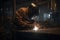 A welder uses gas to weld structural steel in factory