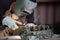 Welder is welding Tungsten Inert Gas welding, Welding aluminum with aluminum argon, TIG welding torch